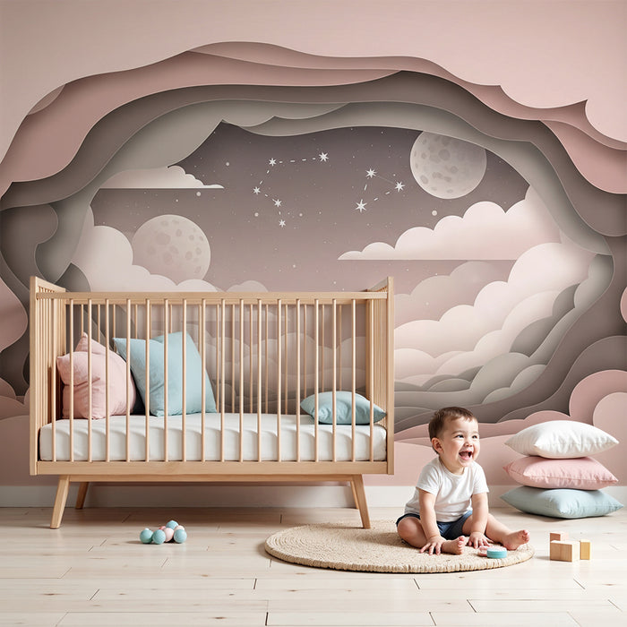 Papier peint chambre bébé | Ciel étoilé et nuages doux en papier découpé