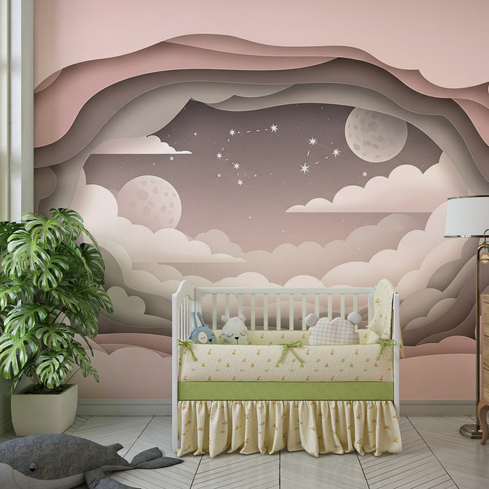 Papier peint chambre bébé | Ciel étoilé et nuages doux en papier découpé