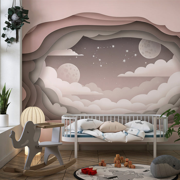 Papier peint chambre bébé | Ciel étoilé et nuages doux en papier découpé