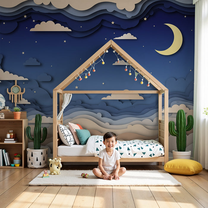 Barntapet | Stjärnhimmel och moln i pappersklipp