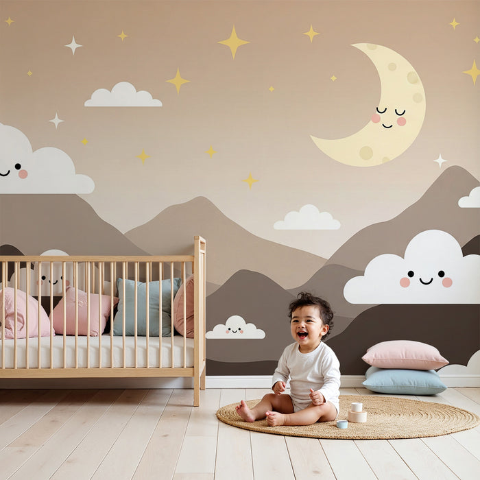 Nursery room wallpaper | Starry sky and smiling clouds