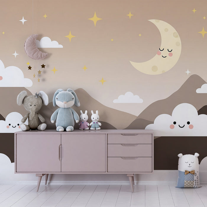 Nursery room wallpaper | Starry sky and smiling clouds