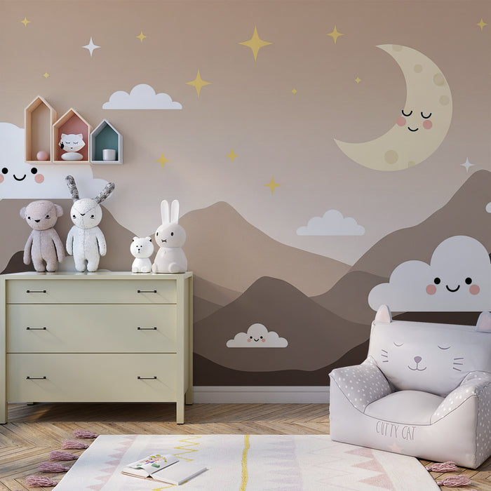 Nursery room wallpaper | Starry sky and smiling clouds
