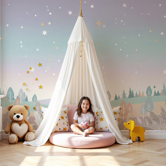 Babyzimmer Tapete | Sternenhimmel und sanftes Pastellfarbenes Landschaftsbild