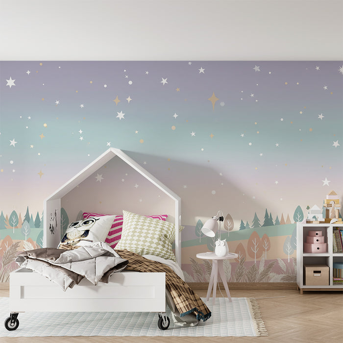 Babyzimmer Tapete | Sternenhimmel und sanftes Pastellfarbenes Landschaftsbild