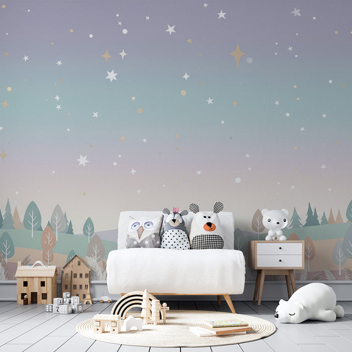 Babyzimmer Tapete | Sternenhimmel und sanftes Pastellfarbenes Landschaftsbild
