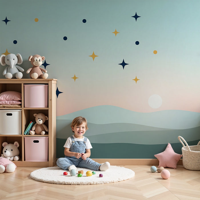 Papel pintado infantil | Cielo estrellado y paisajes suaves en tonos pastel