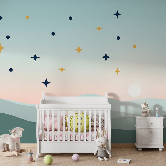 Papel pintado infantil | Cielo estrellado y paisajes suaves en tonos pastel