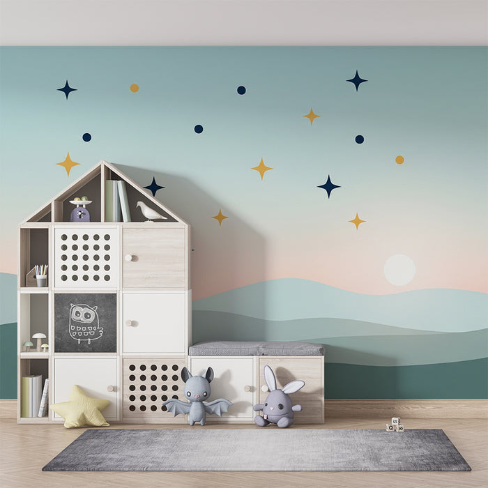Papel pintado infantil | Cielo estrellado y paisajes suaves en tonos pastel