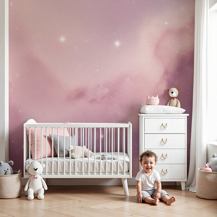 Lastenhuoneen tapetti | Vaaleanpunainen tähtitaivas pehmeillä pilvillä