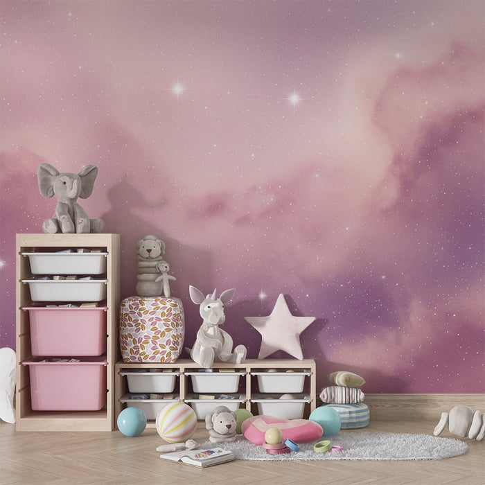 Lastenhuoneen tapetti | Vaaleanpunainen tähtitaivas pehmeillä pilvillä