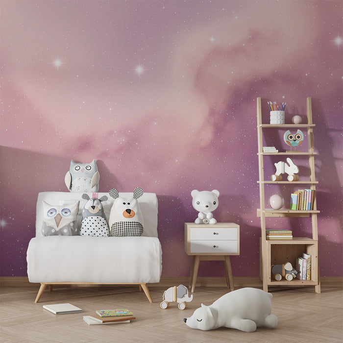 Lastenhuoneen tapetti | Vaaleanpunainen tähtitaivas pehmeillä pilvillä