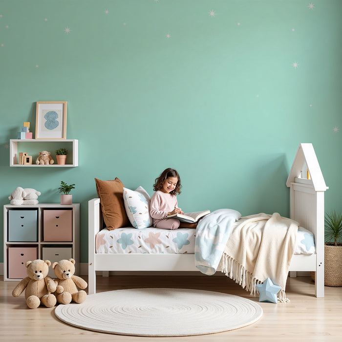 Babykamer behang | Sterrenhemel op rustgevende muntgroene achtergrond