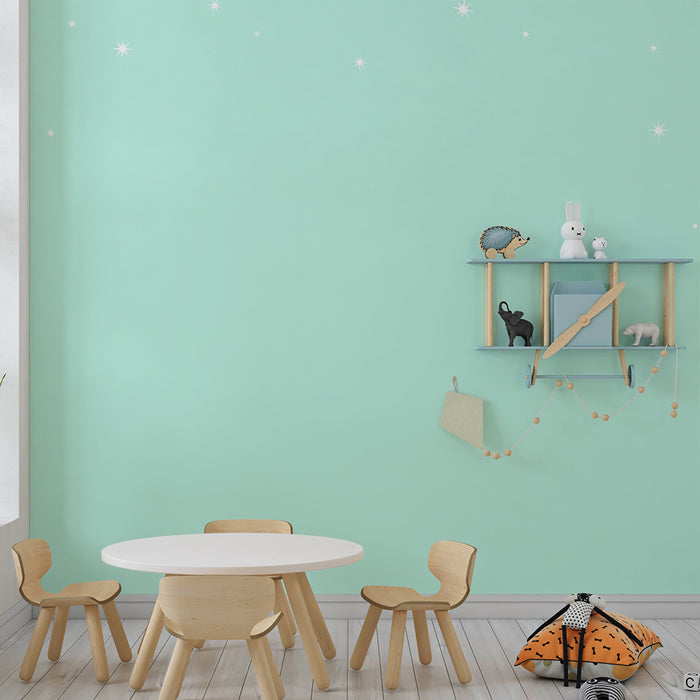 Babykamer behang | Sterrenhemel op rustgevende muntgroene achtergrond