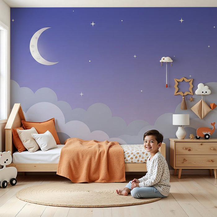 Papel de parede quarto bebê | Céu estrelado roxo com lua e nuvens