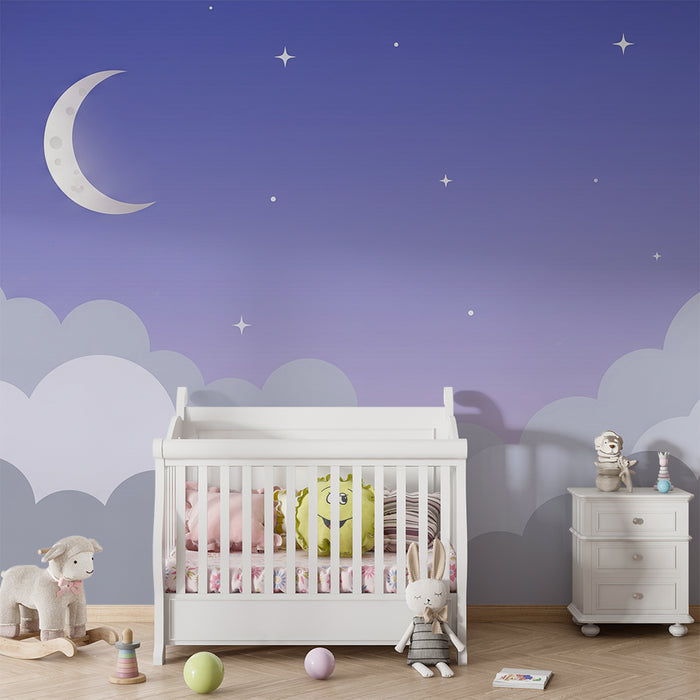Papel de parede quarto bebê | Céu estrelado roxo com lua e nuvens