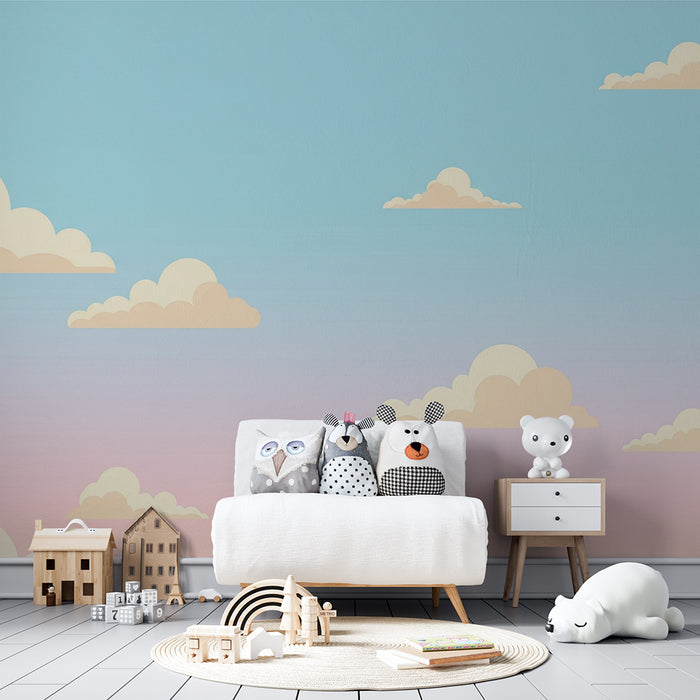 Papier peint chambre bébé | Ciel pastel avec nuages doux et apaisants