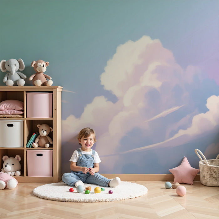 Papel de parede quarto bebê | Céu pastel com nuvens suaves e calmantes