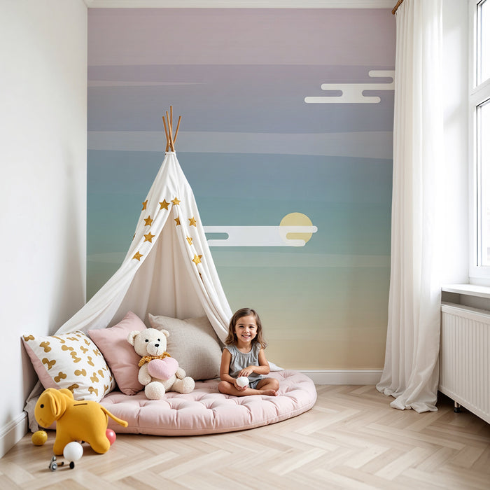 Papel pintado infantil | Cielo pastel con nubes y sol suave