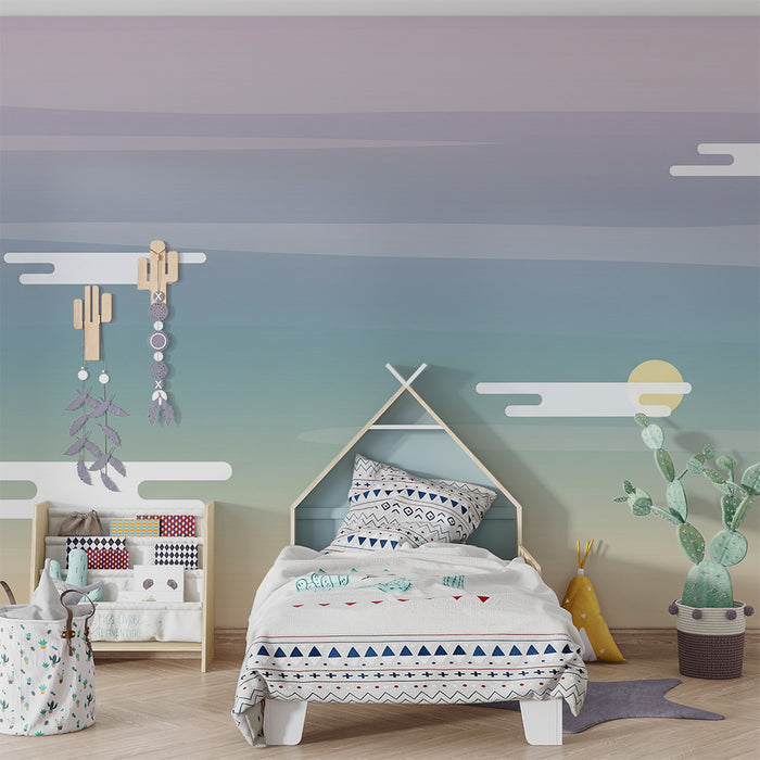 Papel pintado infantil | Cielo pastel con nubes y sol suave
