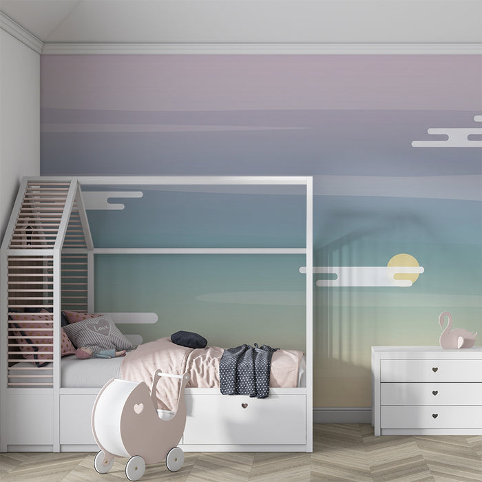 Papel pintado infantil | Cielo pastel con nubes y sol suave