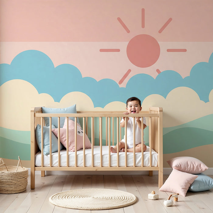 Papel pintado infantil | Cielo pastel y suaves olas con sol