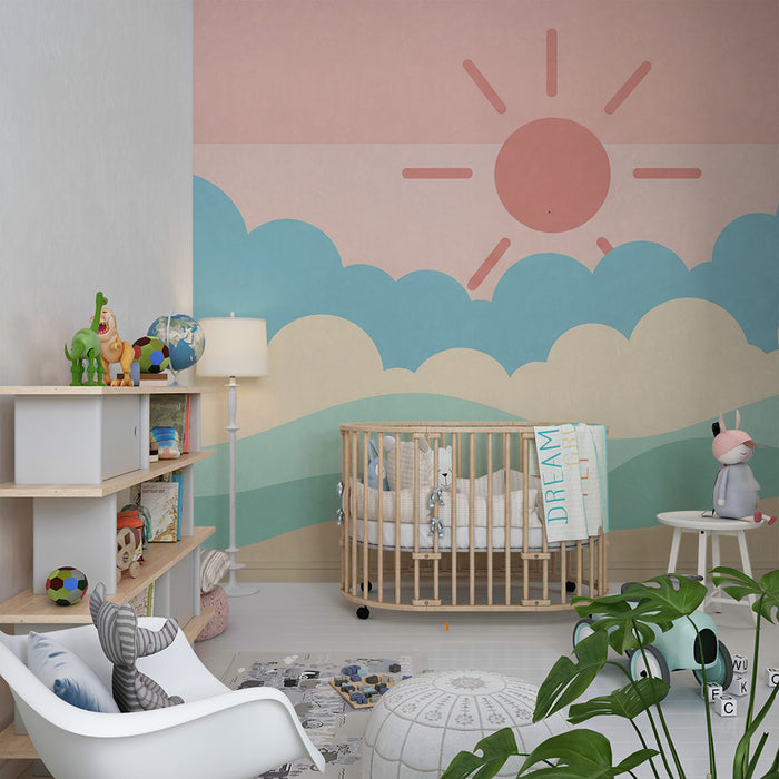 Papel pintado infantil | Cielo pastel y suaves olas con sol