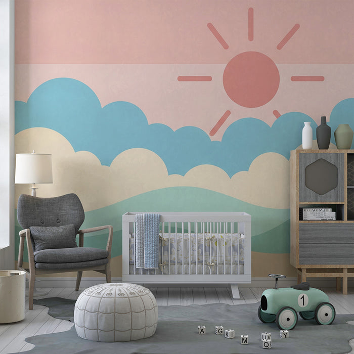 Papel pintado infantil | Cielo pastel y suaves olas con sol