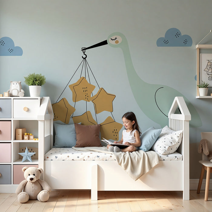 Papel de parede para quarto de bebé | Cegonha a carregar estrelas douradas sobre fundo pastel