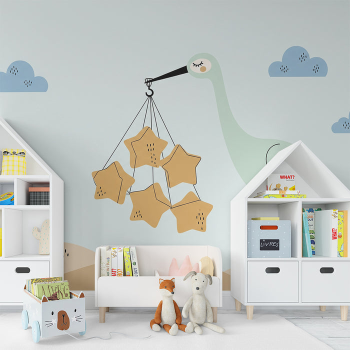 Papel de parede para quarto de bebé | Cegonha a carregar estrelas douradas sobre fundo pastel