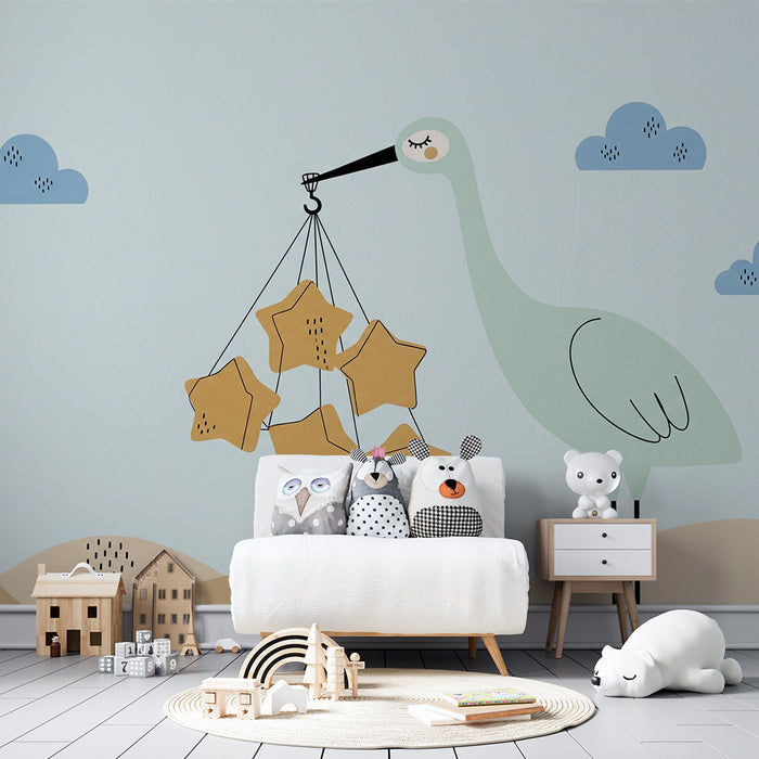 Papel de parede para quarto de bebé | Cegonha a carregar estrelas douradas sobre fundo pastel