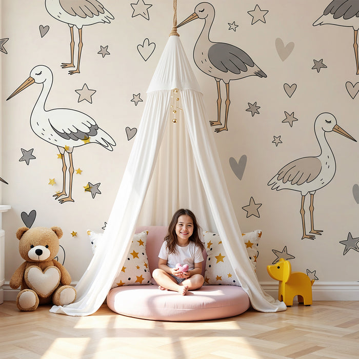 Papel de parede quarto bebê | Cegonhas e estrelas suaves