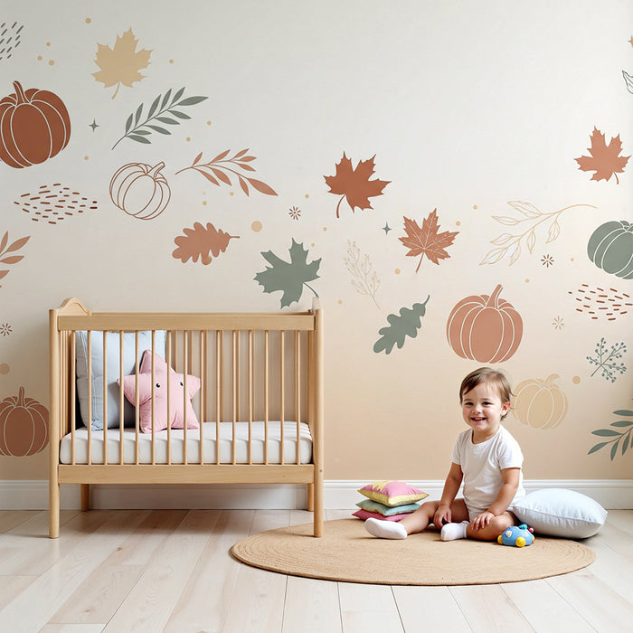 Carta da parati bambini | Zucche e foglie d'autunno in tonalità delicate