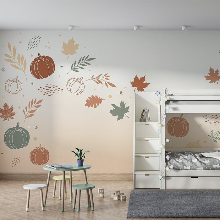 Carta da parati bambini | Zucche e foglie d'autunno in tonalità delicate