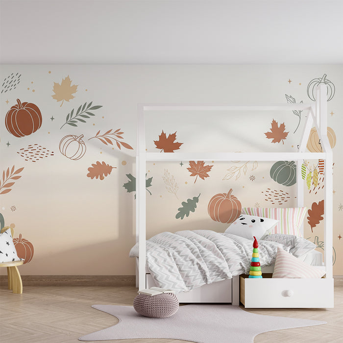 Carta da parati bambini | Zucche e foglie d'autunno in tonalità delicate