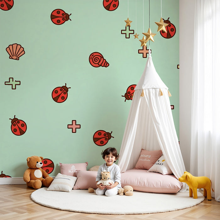 Baby room wallpaper | Ladybugs and seashells on a pastel background