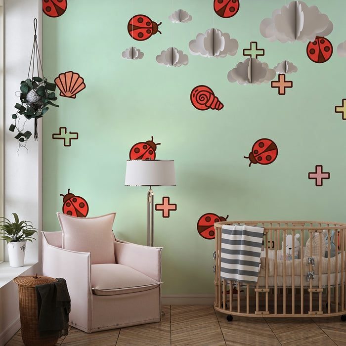 Baby room wallpaper | Ladybugs and seashells on a pastel background