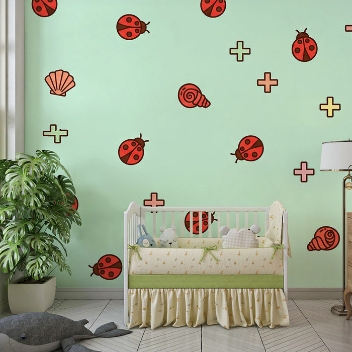 Baby room wallpaper | Ladybugs and seashells on a pastel background