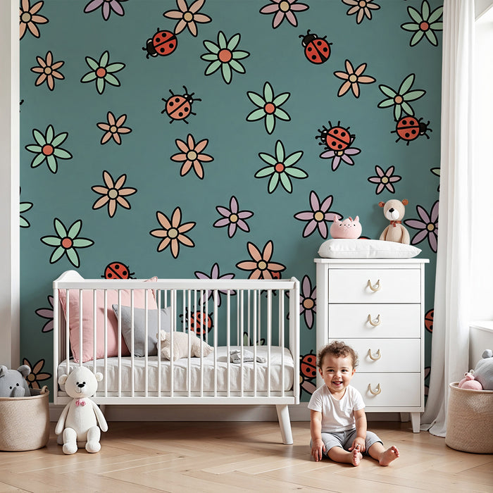 Behang kinderkamer | Lieveheersbeestjes en kleurrijke bloemen op blauwe achtergrond