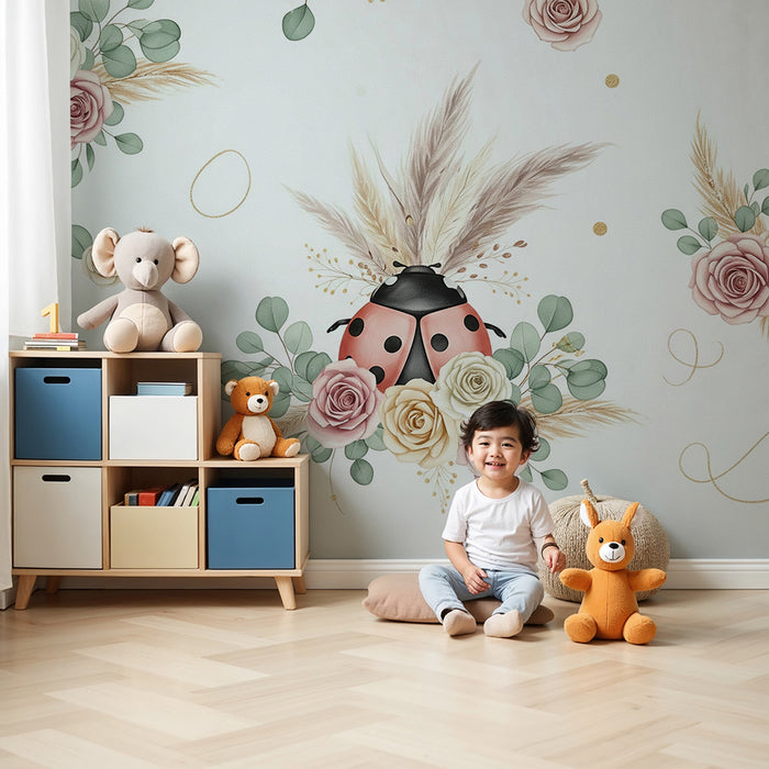 Lastenhuoneen tapetti | Leppäkerttuja ja herkkiä kukkia pastellisävyissä