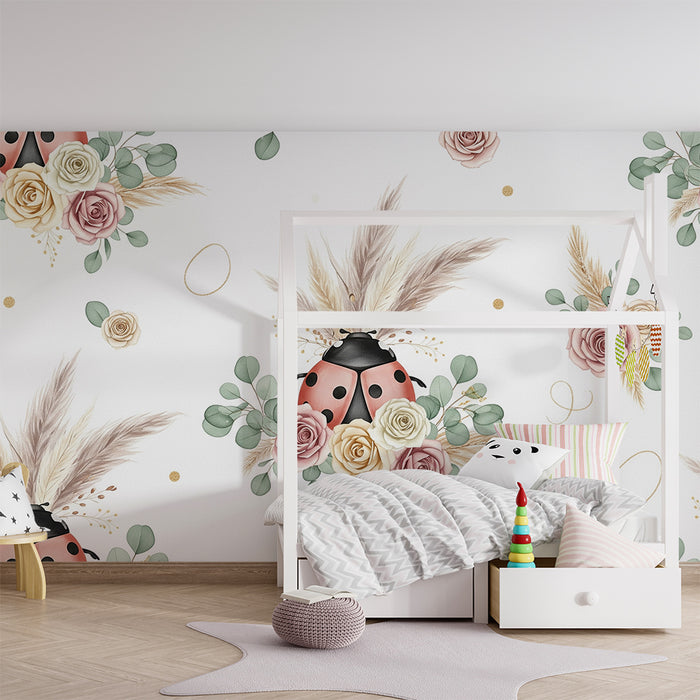 Lastenhuoneen tapetti | Leppäkerttuja ja herkkiä kukkia pastellisävyissä