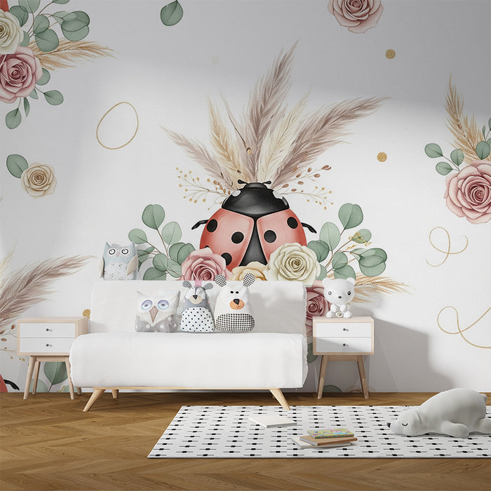 Lastenhuoneen tapetti | Leppäkerttuja ja herkkiä kukkia pastellisävyissä