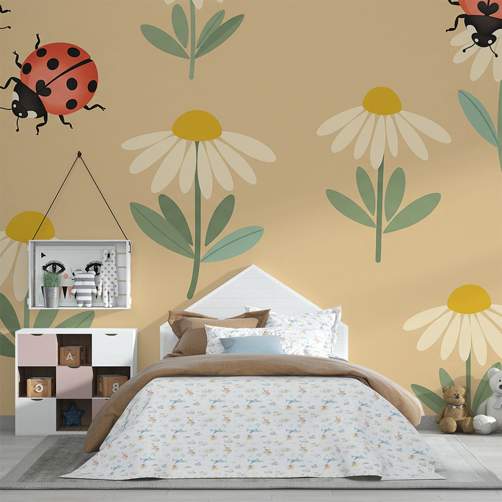 Baby's room wallpaper | Ladybugs and wildflowers on a beige background ...