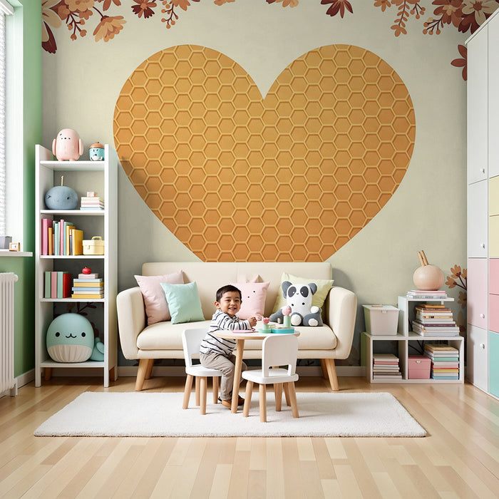 Papier peint chambre bébé | Cœur en nid d'abeille entouré de fleurs délicates