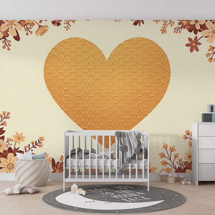 Papier peint chambre bébé | Cœur en nid d'abeille entouré de fleurs délicates