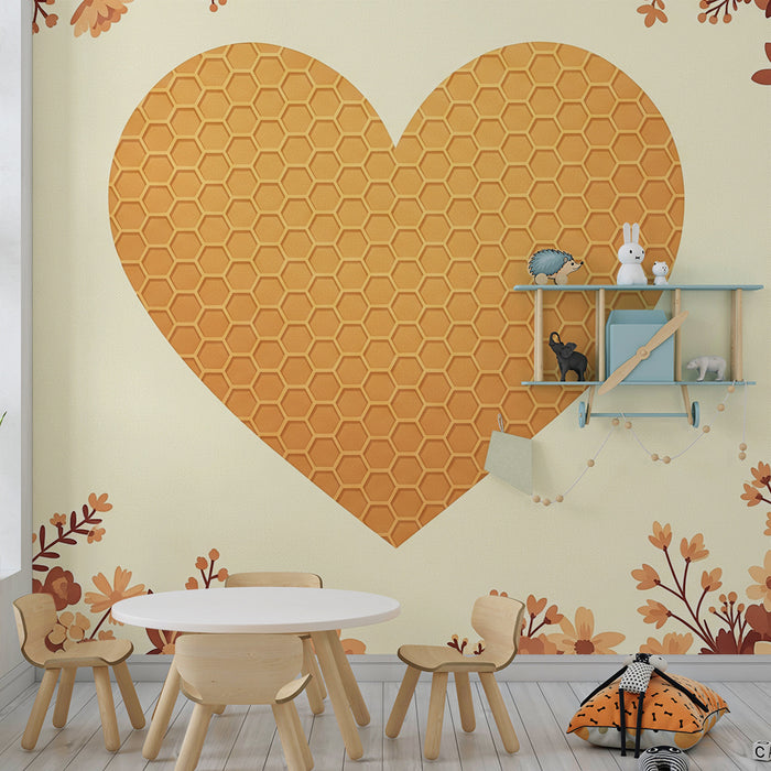 Papier peint chambre bébé | Cœur en nid d'abeille entouré de fleurs délicates