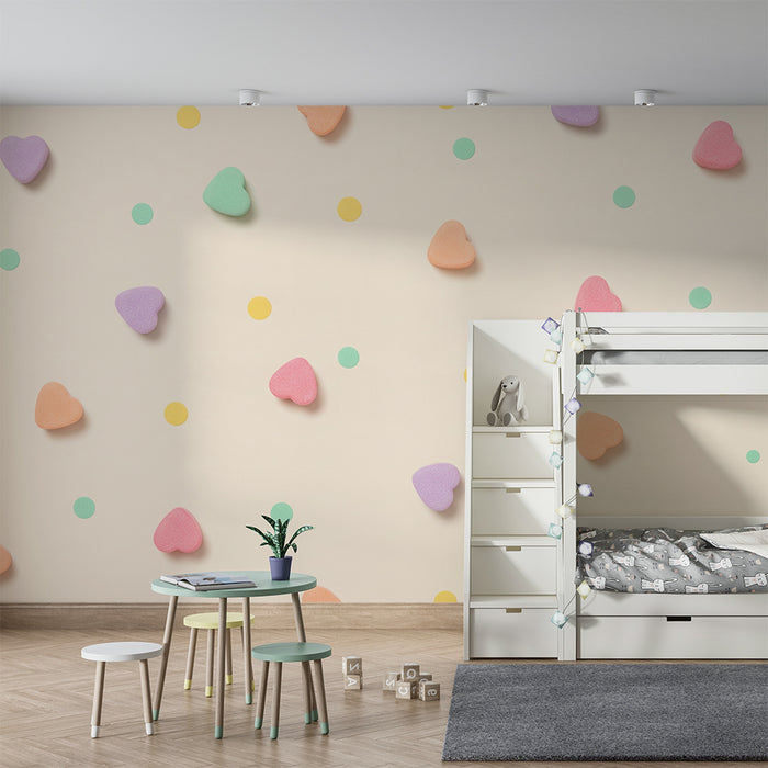 Papel pintado para habitación infantil | Corazones de colores y lunares sobre fondo suave