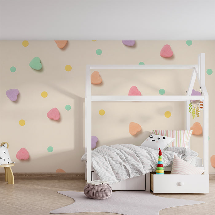 Papel pintado para habitación infantil | Corazones de colores y lunares sobre fondo suave