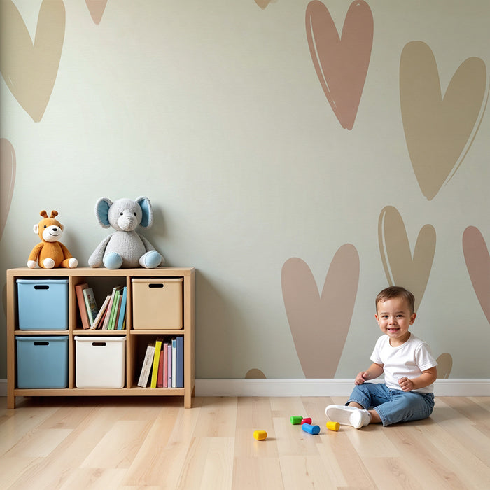 Lastenhuoneen tapetti | Lempeät ja pastelliset sydämet luovat lämpimän tunnelman