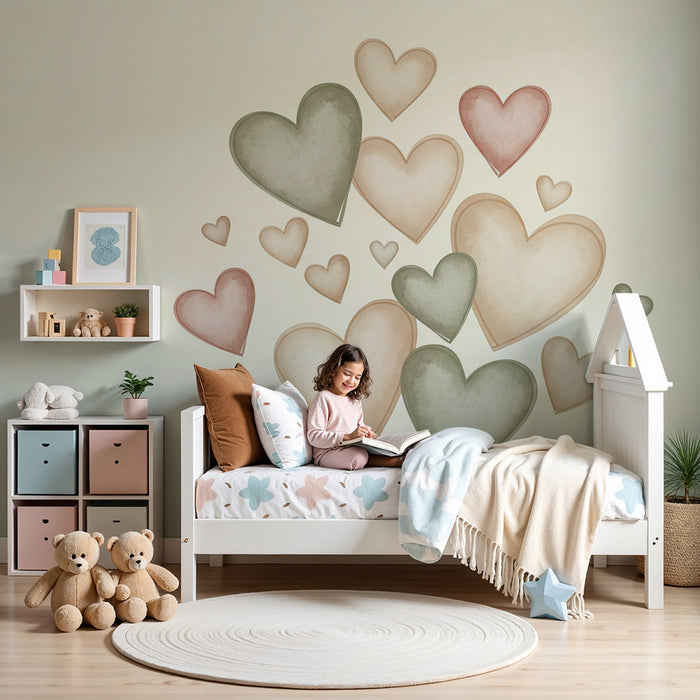 Lastenhuoneen tapetti | Lempeitä ja pastellisävyisiä sydämiä kermaisella taustalla